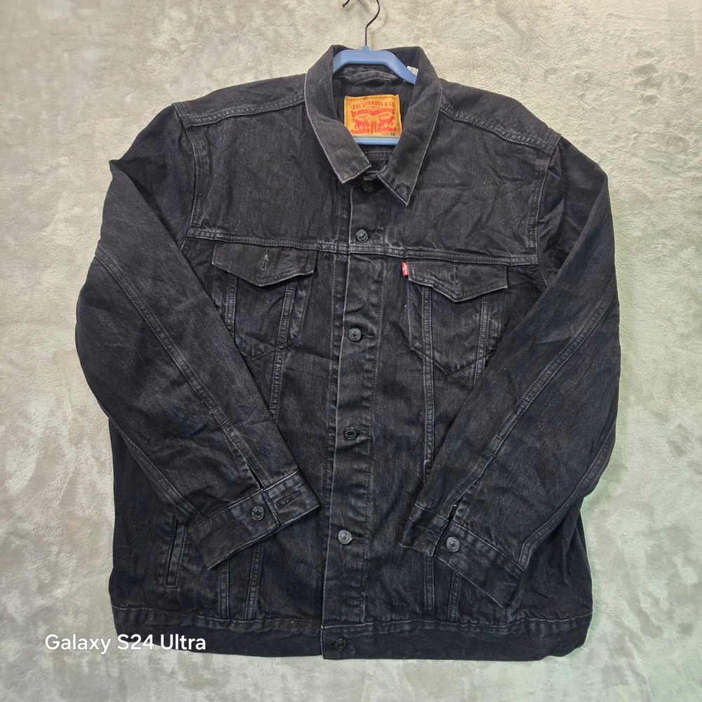 Levis Mens 3XL Black Denim Trucker Jacket Washed Cotton Button Up Coat 1259
